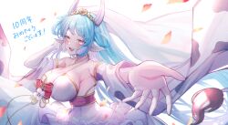 Rule 34 | absurdres, animal ears, animal print, blue hair, blush, breasts, bridal veil, bride, catura (granblue fantasy), cow ears, cow girl, cow print, detached sleeves, draph, dress, granblue fantasy, highres, huge breasts, light blue hair, looking at viewer, orange eyes, outstretched arm, sideboob, smile, takanishi takashi, upper body, veil, wedding dress