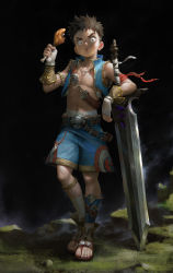 Rule 34 | 1boy, absurdres, beitemian, chicken (food), chicken leg, commentary, eating, english commentary, food, highres, holding, holding food, looking at viewer, male focus, original, sandals, short hair, shorts, solo, standing, sword, symbol-only commentary, weapon
