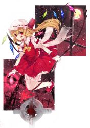 Rule 34 | 1girl, aluikaiser, animal, ascot, asymmetrical hair, bat (animal), blonde hair, blood, blood on face, bloomers, cross, crystal, flandre scarlet, full body, full moon, graveyard, hat, hat ribbon, highres, laevatein, looking at viewer, mary janes, mob cap, moon, night, pointy ears, puffy sleeves, red eyes, ribbon, shirt, shoes, short sleeves, side ponytail, skirt, skirt set, smile, socks, solo, tongue, tongue out, touhou, underwear, vest, white socks, wings, wrist cuffs