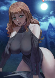 Rule 34 | 1girl, ass, bare shoulders, black clover, black dress, breasts, cleavage, dress, green eyes, highres, huge ass, large breasts, long hair, mimosa vermillion, moon, night, night sky, open mouth, orange hair, shexyo, shoulderless dress, sky, solo, thighs