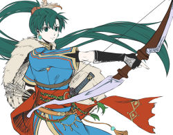 Rule 34 | 1girl, alternate costume, arrow (projectile), bow (weapon), capelet, delsaber, earrings, feather hair ornament, feathers, fingerless gloves, fire emblem, fire emblem: the blazing blade, fire emblem heroes, fur capelet, gloves, green eyes, green hair, hair ornament, jewelry, katana, long hair, looking at viewer, lyn (fire emblem), nintendo, ponytail, rope belt, smile, sword, very long hair, weapon