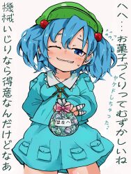 Rule 34 | 1girl, aqua shirt, aqua skirt, arm behind back, bandaged fingers, bandages, blue eyes, blue hair, blush, bow, candy, chocolate, collared shirt, flat cap, food, green headwear, hat, head tilt, highres, holding, holding candy, holding chocolate, holding food, kawashiro nitori, long sleeves, looking at viewer, one eye closed, pink bow, pocket, reaching, shirt, short twintails, simple background, skirt, skirt pocket, smile, standing, sweat, touhou, translation request, twintails, two side up, valentine, yoshiyuki (14330975)