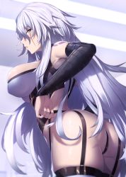 Rule 34 | 1girl, absurdres, aged up, ass, bandaged arm, bandages, breasts, covered erect nipples, cowboy shot, fate/apocrypha, fate/grand order, fate (series), garter straps, grey eyes, hair between eyes, highres, ibuki notsu, jack the ripper (fate/apocrypha), large breasts, long hair, looking at viewer, nail polish, parted lips, pink nails, scar, scar across eye, scar on face, shoulder tattoo, silver hair, solo, standing, tattoo, thighhighs, thighs, very long hair