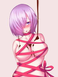 Rule 34 | 1girl, absurdres, arms behind back, blush, breasts, chocolate, dripping, ebon umax, fate/grand order, fate (series), hair over one eye, highres, large breasts, looking at viewer, mash kyrielight, naked ribbon, open mouth, purple eyes, purple hair, restrained, ribbon, short hair, simple background, solo, valentine