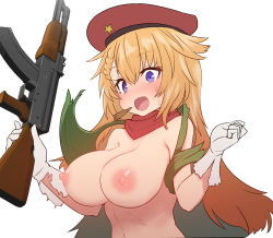 Rule 34 | 1girl, :d, ak-47, ak-47 (girls&#039; frontline), assault rifle, beret, blush, breasts, girls&#039; frontline, gloves, gun, hat, holding, holding gun, holding weapon, kalashnikov rifle, large breasts, nipples, nose blush, nude, open mouth, purple eyes, red hat, red scarf, rifle, scarf, simple background, smile, solo, sumiyao (amam), sweatdrop, torn clothes, torn gloves, upper body, weapon, white background, white gloves