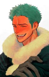 Rule 34 | 1boy, blush, coat, earrings, facial hair, facing ahead, gloves, green hair, highres, jewelry, laughing, long sideburns, male focus, nok (nok 1), one piece, roronoa zoro, short hair, sideburns, sideburns stubble, single earring, solo, stubble, upper body, winter clothes