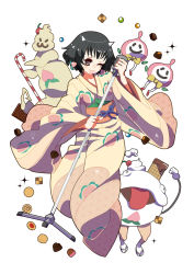 Rule 34 | 10s, 1girl, asa no ha (pattern), bad id, bad pixiv id, black eyes, black hair, candy, candy cane, checkerboard cookie, cherry, chocolate, chocolate bar, cookie, fang, food, fruit, hoozuki no reitetsu, horns, japanese clothes, kimono, microphone, microphone stand, mole, mole under eye, one eye closed, open mouth, peach maki, sandals, short hair, simple background, socks, solo focus, tabi, tongue, unmoving pattern, white background, yadokugaeru