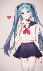 Rule 34 | absurdres, arm at side, arms up, asagi jin, black choker, black sailor collar, blue hair, blue skirt, blush, choker, closed mouth, commentary, crop top, english commentary, envelope, hatsune miku, head tilt, heart, highres, holding, holding envelope, long hair, looking at viewer, midriff, midriff peek, navel, neckerchief, pleated skirt, sailor collar, school uniform, serafuku, short sleeves, simple background, skirt, solo, thighhighs, very long hair, vocaloid, white thighhighs