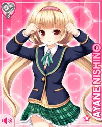 Rule 34 | 1girl, blonde hair, blue jacket, card, character name, clenched hands, closed mouth, girlfriend (kari), green neckwear, green skirt, headband, jacket, nishino ayane, official art, pink background, plaid, plaid skirt, qp:flapper, raised arm, red eyes, school uniform, shirt, skirt, standing, tagme, twintails, white shirt