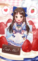 Rule 34 | 1girl, apron, back bow, blue bow, blue dress, blush, bow, bowtie, brown eyes, brown hair, building, cake, child, chocolate, commentary, cup, dress, food, frilled apron, frilled bow, frills, fruit, hair bow, hands up, heart, highres, holding, holding toy, idolmaster, idolmaster cinderella girls, layered dress, long hair, looking at viewer, mini person, minigirl, official alternate costume, open mouth, puffy short sleeves, puffy sleeves, saucer, short sleeves, sidelocks, sitting, smile, solo, sparkle, spoken food, spoken heart, strawberry, tachibana arisu, teacup, tori ririisu, toy, whipped cream, white apron, white bow, wrist cuffs, yellow bow, yellow bowtie