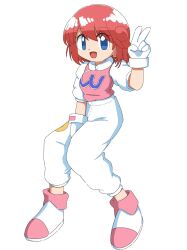 Rule 34 | 1girl, :d, blue eyes, cocia (kosianko), commentary request, full body, gloves, highres, multicolored footwear, open mouth, pants, pastel (twinbee), puffy sleeves, red hair, shoes, short hair, short sleeves, smile, solo, twinbee, v, white gloves, white pants