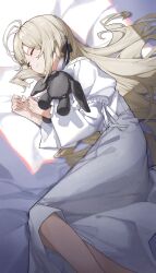 Rule 34 | 1girl, absurdres, ahoge, black ribbon, closed eyes, closed mouth, commentary request, dress, feet out of frame, hair ribbon, hands up, highres, kasugano sora, light brown hair, long hair, long sleeves, lying, on side, ribbon, sentter, sleeping, solo, stuffed animal, stuffed toy, white dress, yosuga no sora