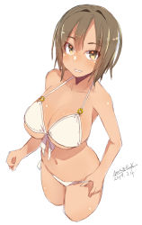 Rule 34 | 1girl, bare arms, bare shoulders, bikini, blush, breasts, brown eyes, brown hair, cleavage, collarbone, cropped legs, dated, front-tie bikini top, front-tie top, hair between eyes, large breasts, looking at viewer, maze (gochama ze gohan), navel, o-ring, o-ring bikini, o-ring top, original, signature, simple background, solo, swimsuit, tan, white background, white bikini