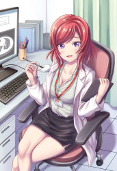 Rule 34 | 1girl, aged up, breasts, chair, cleavage, computer, crossed legs, doctor, highres, holding, id card, keyboard (computer), lab coat, lanyard, looking at viewer, love live!, love live! school idol project, miniskirt, monitor, mouse (computer), nishikino maki, pencil skirt, purple eyes, red hair, skirt, smile, tsukimi seiya