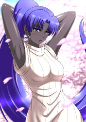 Rule 34 | 1girl, arms behind head, assassin (fate/zero), blue hair, blush, breasts, cherry blossoms, colored skin, commentary request, dark skin, dark-skinned female, dress, earrings, fate/grand order, fate (series), female assassin (fate/zero), grey eyes, grey skin, hoop earrings, jewelry, large breasts, long hair, looking at viewer, petals, pixiv fate/grand order contest 2, ponytail, ribbed dress, ribbed sweater, sleeveless, sleeveless dress, sleeveless sweater, solo, soranitoriga, sweater, sweater dress, very long hair, white dress, white sweater