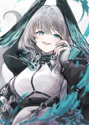 Rule 34 | 1girl, arknights, black collar, blue eyes, breasts, collar, dress, fangs, grey hair, hand up, head wings, highres, ho&#039;olheyak (arknights), infection monitor (arknights), kataageteto, long sleeves, looking at viewer, medium breasts, open mouth, simple background, snake tail, solo, tail, upper body, white background, white dress, wings