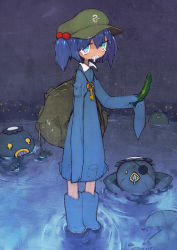 Rule 34 | 1girl, backpack, bag, blue eyes, blue hair, boots, cucumber, dress, drooling, eyepatch, food, hair bobbles, hair ornament, hat, highres, holding, holding food, kappa, kawashiro nitori, key, long sleeves, matching hair/eyes, nail polish, open mouth, partially submerged, pink nails, pocket, rubber boots, short hair, short twintails, sleeves past wrists, solo, standing, sweater, tearing up, tears, teeth, touhou, twintails, two side up, umezawa michiko, vegetable, very long sleeves, wading, water