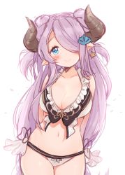 Rule 34 | 10s, 1girl, arms behind back, bikini, blue eyes, blush, breasts, cleavage, draph, earrings, granblue fantasy, hair ornament, hair over one eye, horns, jewelry, large breasts, long hair, looking at viewer, moorina, narmaya (granblue fantasy), narmaya (summer) (granblue fantasy), navel, pointy ears, purple hair, simple background, single earring, sketch, smile, solo, swimsuit, very long hair, white background, white bikini