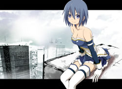 Rule 34 | 10s, 1girl, arm support, bad id, bad pixiv id, bare shoulders, blue eyes, blue hair, breasts, building, city, cityscape, cleavage, corset, dress, female focus, frilled corset, frilled dress, frills, gloves, highres, kuromayu, letterboxed, looking at viewer, magical girl, mahou shoujo madoka magica, mahou shoujo madoka magica (anime), matching hair/eyes, miki sayaka, no cape, pleated skirt, short hair, sitting, skirt, sky, smile, solo, strapless, strapless dress, thighhighs, white gloves, white thighhighs