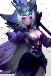 Rule 34 | 1girl, bad id, bad pixiv id, breasts, cape, cleavage, leblanc (league of legends), feathers, forehead jewel, hanato (seonoaiko), league of legends, long sleeves, looking at viewer, makeup, mascara, medium breasts, outstretched arm, purple eyes, ravenborn leblanc, simple background, smile, solo, staff, white background, white hair