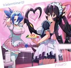 Rule 34 | 2girls, :o, absurdres, alternate costume, apron, arms up, black hair, blue hair, blush, breasts, character name, cleavage, drink, filia (skullgirls), food, frilled skirt, frills, from behind, garter straps, heart, highres, large breasts, long hair, maid headdress, mask, mouth mask, multiple girls, omelet, pink background, plate, ponytail, rank alee, red eyes, samson (skullgirls), sharp teeth, skirt, skullgirls, surgical mask, table, teeth, thighhighs, tongue, tongue out, valentine (skullgirls), waitress
