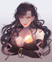 Rule 34 | 1girl, arms under breasts, black hair, breasts, cleavage, collarbone, cropped torso, detached sleeves, fire emblem, fire emblem: the blazing blade, gradient background, hair behind ear, headband, kabitakamaboko, large breasts, long hair, looking to the side, nail polish, nintendo, parted lips, red nails, solo, sonia (fire emblem: the blazing blade), wavy hair, yellow eyes