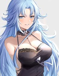 Rule 34 | 1girl, arms behind back, azur lane, babydoll, bare shoulders, black babydoll, black nightgown, blue eyes, blue hair, blush, breasts, cleavage, collarbone, commentary request, detached collar, grey background, lace trim, large breasts, lips, long hair, looking at viewer, nightgown, pigeon (wejil), simple background, sleepwear, smile, solo, sovetskaya belorussiya (azur lane), sovetskaya belorussiya (relaxation stratagem) (azur lane), upper body, very long hair