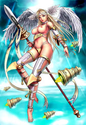 Rule 34 | 1girl, angel wings, armor, barefoot, breastless clothes, breasts, feet, female focus, full body, lance, large breasts, nipples, outdoors, polearm, ryu (ryu&#039;s form site), sky, solo, topfreedom, topless, weapon, wings