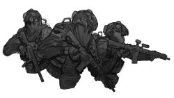 Rule 34 | 3others, absurdres, assault rifle, call of duty, combat helmet, commentary, cropped torso, english commentary, gloves, greyscale, gun, helmet, highres, holding, holding gun, holding weapon, looking afar, mask, military, military operator, monochrome, multiple others, patch, peinlike, bulletproof vest, rifle, shoulder patch, simple background, sketch, submachine gun, suppressor, tactical clothes, trigger discipline, weapon, weapon request, white background