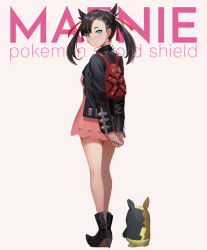 Rule 34 | 1girl, ankle boots, aqua eyes, arms behind back, asymmetrical bangs, backpack, bag, bare legs, black footwear, black hair, black jacket, black nails, blush, boots, character name, closed mouth, copyright name, creatures (company), dress, earrings, from behind, full body, game freak, gen 8 pokemon, grey background, high heel boots, high heels, highres, jacket, jewelry, long hair, long sleeves, looking at viewer, looking back, marnie (pokemon), morpeko, morpeko (full), nail polish, nintendo, open clothes, open jacket, own hands together, pink dress, pokemon, pokemon (creature), pokemon swsh, simple background, sl86, smile, standing, stud earrings, twintails