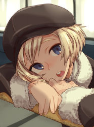 Rule 34 | 1girl, bad id, bad pixiv id, blonde hair, blue eyes, cabbie hat, character request, commentary request, fur trim, hat, head rest, hi no tori, round teeth, short hair, solo, suo (sndrta2n), teeth