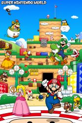 Rule 34 | 3boys, 3girls, 6+others, absurdres, apple, block (object), blonde hair, blue eyes, blue toad (mario), bob-omb, bowser jr., breasts, brick, brown hair, bullet bill, coin, crown, day, dinosaur, dress, earrings, facial hair, flagpole, flower earrings, flying, food, fruit, full body, gloves, gold coin, goomba, grin, hand up, hat, high heels, highres, jewelry, jumping, key, koopa clown car, koopa paratroopa, koopa shell, koopa troopa, lakitu, looking at viewer, luigi, mario, mario (series), mountain, multiple boys, multiple girls, multiple others, mustache, new super mario bros. u deluxe, nintendo, nintendo world, open mouth, orange dress, pink dress, piranha plant, plant, princess daisy, princess peach, smile, smoking pipe, spiny, super mario 3d world, super mario bros. 1, super mario bros. 3, super mario run, super mario world, super mushroom, super nintendo world, tail, thwomp, toad (mario), toadette, walking, wings, yoshi