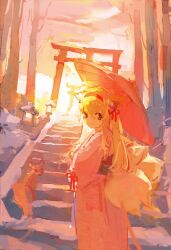 Rule 34 | 1girl, absurdres, animal ears, architecture, arknights, blonde hair, chinese commentary, closed mouth, commentary request, east asian architecture, fox ears, fox girl, fox tail, from behind, hair between eyes, hairband, highres, japanese clothes, kimono, looking at viewer, official alternate costume, outdoors, pink kimono, red hairband, solo, suzuran (arknights), suzuran (yukibare) (arknights), tail, torii, xing (user heps4874)