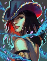 Rule 34 | 1girl, artist name, black hair, blue eyes, blunt bangs, closed mouth, cowboy hat, hat, hat over one eye, highres, long hair, looking at viewer, mewiyev, nico robin, one piece, sleeveless, smile, solo