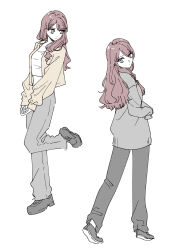 Rule 34 | 1girl, :o, black pants, brown eyes, brown hair, brown jacket, closed mouth, commentary request, crop top, cropped shirt, full body, grey background, grey pants, grey sweater, highres, jacket, long hair, long sleeves, multiple views, open clothes, open jacket, open mouth, original, pants, sakashima 0822, shirt, simple background, sleeves past wrists, sweater, white shirt