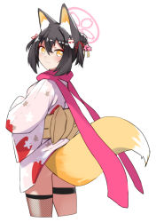 Rule 34 | 1girl, alternate hairstyle, animal ear fluff, animal ears, ariyoshi gen, black hair, blue archive, blush, breasts, closed mouth, cropped legs, fishnet thighhighs, fishnets, fox ears, fox girl, fox tail, hair bun, halo, izuna (blue archive), japanese clothes, kimono, looking at viewer, looking to the side, medium hair, scarf, simple background, single thighhigh, small breasts, smile, solo, tail, thigh strap, thighhighs, white background, white kimono, yellow eyes