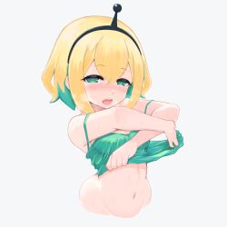 Rule 34 | 1girl, absurdres, amano pikamee, black hairband, blonde hair, blush, breasts, bright pupils, cleavage, clothes lift, green eyes, green hair, hair between eyes, hairband, heavy breathing, highres, medium breasts, multicolored hair, navel, open mouth, sharp teeth, shirt lift, short hair, simple background, solo, tank top, teeth, temari rin, undressing, upper teeth only, virtual youtuber, voms, white background, white pupils