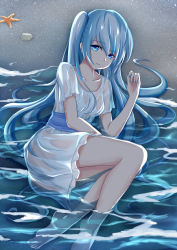 Rule 34 | 1girl, barefoot, beach, blue eyes, blue hair, hatsune miku, highres, long hair, looking at viewer, lying, matching hair/eyes, nail polish, on side, solo, starfish, very long hair, vocaloid, water, wet, wet clothes, xyomouse