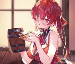 Rule 34 | 1girl, blush, breasts, cleavage, cup, eating, food, heterochromia, highres, hololive, houshou marine, large breasts, long hair, looking at viewer, mug, pizza, red eyes, red hair, ribbon, see-through, see-through cleavage, shuri (84k), smile, solo, twintails, virtual youtuber, yellow eyes