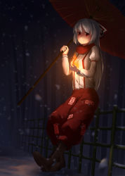 Rule 34 | 1girl, albino, bamboo, bamboo forest, boots, bow, dark, fire, forest, fujiwara no mokou, full body, hair bow, hair ornament, highres, long hair, long sleeves, looking at viewer, nature, ofuda, oil-paper umbrella, pants, pokio, puffy sleeves, red eyes, scarf, shirt, smile, snow, snowing, solo, touhou, umbrella, white hair
