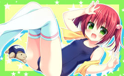 Rule 34 | 1girl, ass, blue one-piece swimsuit, blush, breasts, dutch angle, fang, green eyes, hair between eyes, hair bobbles, hair ornament, hand up, looking at viewer, lying, natsuka (unagi-unagi-unagi), on back, one-piece swimsuit, open mouth, original, red hair, school swimsuit, sidelocks, small breasts, smile, solo, swimsuit, thighhighs, thighs, towel, turtle, twintails, white thighhighs