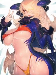 1girl, blonde hair, breasts, brown eyes, cameltoe, cleavage, cosplay, creatures (company), cynthia (pokemon), erect nipples, fumio (rsqkr), game freak, garchomp, garchomp (cosplay), gen 4 pokemon, hair over one eye, highres, large breasts, long hair, nintendo, pokemon, pokemon (game), pokemon dppt, simple background, solo, very long hair, white background, wide hips