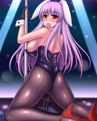Rule 34 | 1girl, animal ears, ass, back, back-seamed legwear, bad id, bad pixiv id, bare arms, bare shoulders, black gloves, black pantyhose, blush, breasts, condom, condom in mouth, fishnet pantyhose, fishnets, gloves, high heels, highres, kneeling, large breasts, leotard, long hair, looking at viewer, looking back, mouth hold, nekozombie, nipples, pantyhose, playboy bunny, pole, pole dancing, purple hair, rabbit ears, rabbit girl, red eyes, reisen udongein inaba, seamed legwear, solo, stage lights, stripper pole, touhou, v, wardrobe malfunction, wrist cuffs