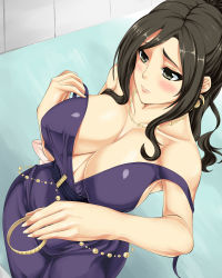 Rule 34 | 10s, 1girl, bad id, bad pixiv id, blush, breasts, brown hair, collarbone, crescent, crescent earrings, dress, earrings, formal, from above, grey eyes, hai ookami, highres, idolmaster, idolmaster cinderella girls, jewelry, large breasts, long hair, mukai takumi, necklace, off shoulder, solo, undressing