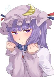 Rule 34 | 1girl, blue bow, blunt bangs, blush, bow, capelet, commentary request, crescent, crescent hat ornament, facing viewer, flying sweatdrops, hair bow, hands up, hat, hat ornament, highres, low-tied sidelocks, mob cap, parted lips, patchouli knowledge, pinching sleeves, purple capelet, purple eyes, purple hair, purple hat, purple shirt, shirt, sidelocks, sideways glance, simple background, sobayu to tenpura, solo, touhou, upper body, white background