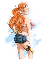 Rule 34 | 1girl, ass, bikini, bikini top only, blueskiies, breasts, butt crack, cowboy shot, denim, denim shorts, highres, large breasts, long hair, map (object), nami (one piece), one piece, orange hair, ponytail, shorts, simple background, smile, solo, spyglass, standing, swimsuit, thigh strap