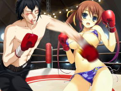 Rule 34 | arena, bikini, black hair, blurry, blush, boxing, boxing ring, breasts, brown hair, cleavage, large breasts, long hair, shorts, surprised, swimsuit, third-party edit