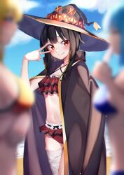 Rule 34 | 3girls, aqua (konosuba), bandaged leg, bandages, beach, bikini, bikini skirt, black cape, blue bikini, blurry, blurry foreground, blush, breasts, cape, closed mouth, commentary, darkness (konosuba), frilled bikini, frills, hat, highres, kono subarashii sekai ni shukufuku wo!, light smile, long hair, looking at viewer, medium breasts, megumin, multiple girls, navel, ocean, orange bikini, red bikini, red eyes, sarasara shoyu, sky, small breasts, swimsuit, v, v over eye, witch hat