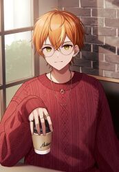 Rule 34 | 1boy, blonde hair, closed mouth, coffee cup, cup, desk, disposable cup, earrings, glasses, green eyes, hair between eyes, highres, holding, holding cup, jewelry, long sleeves, male focus, multicolored hair, necklace, orange hair, project sekai, red sweater, shinonome akito, short hair, smile, solo, sweater, teneko02, window