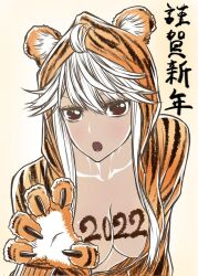 Rule 34 | 1girl, 2022, animal costume, animal print, beige background, chinese zodiac, female focus, japanese text, long hair, looking at viewer, ogino ken, open clothes, open mouth, reanette elfelt, red eyes, shinmai ossan bokensha, simple background, solo, tiger costume, tiger paws, tiger print, very long hair, white hair, year of the tiger